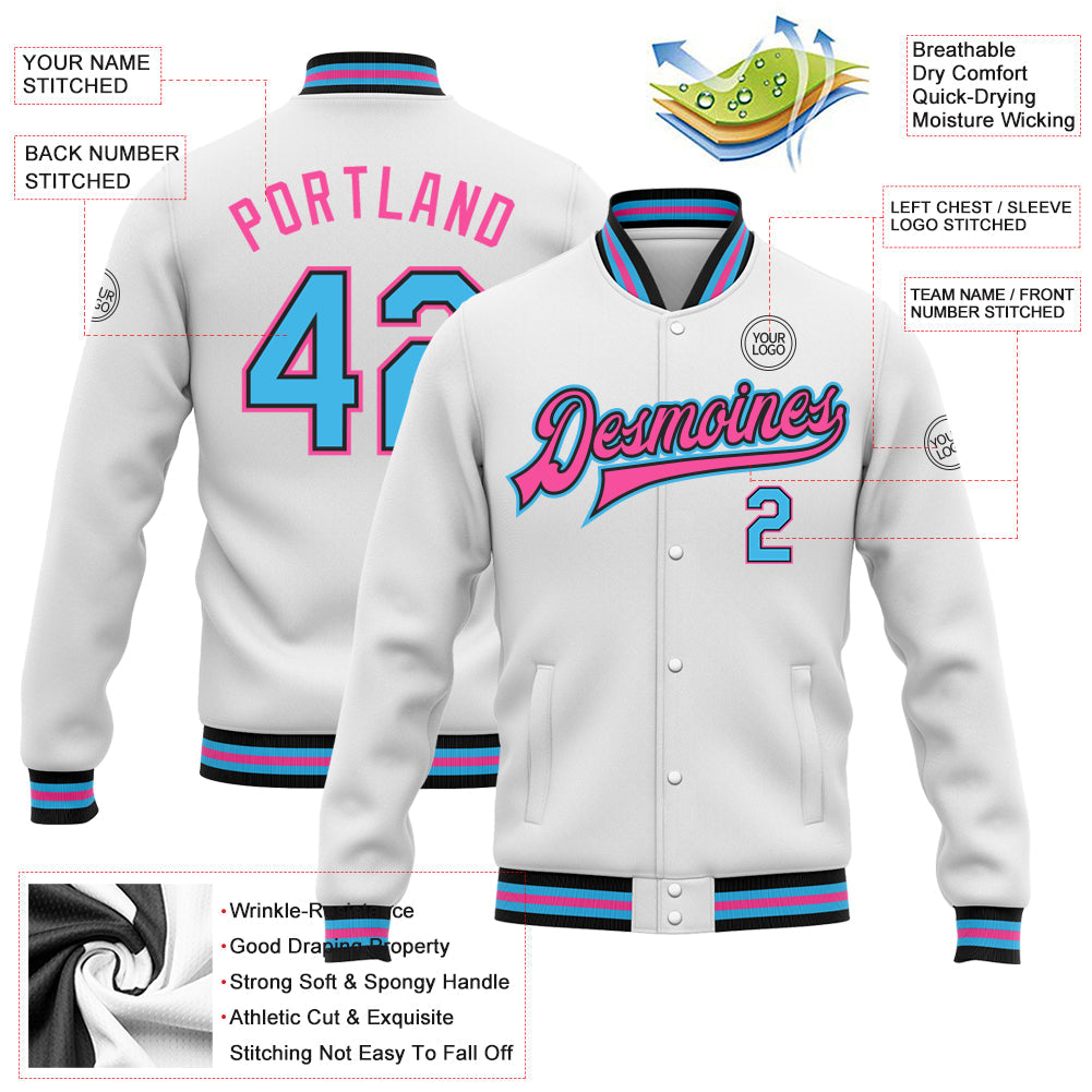 Custom White Sky Blue Black-Pink Bomber Full-Snap Varsity Letterman Jacket