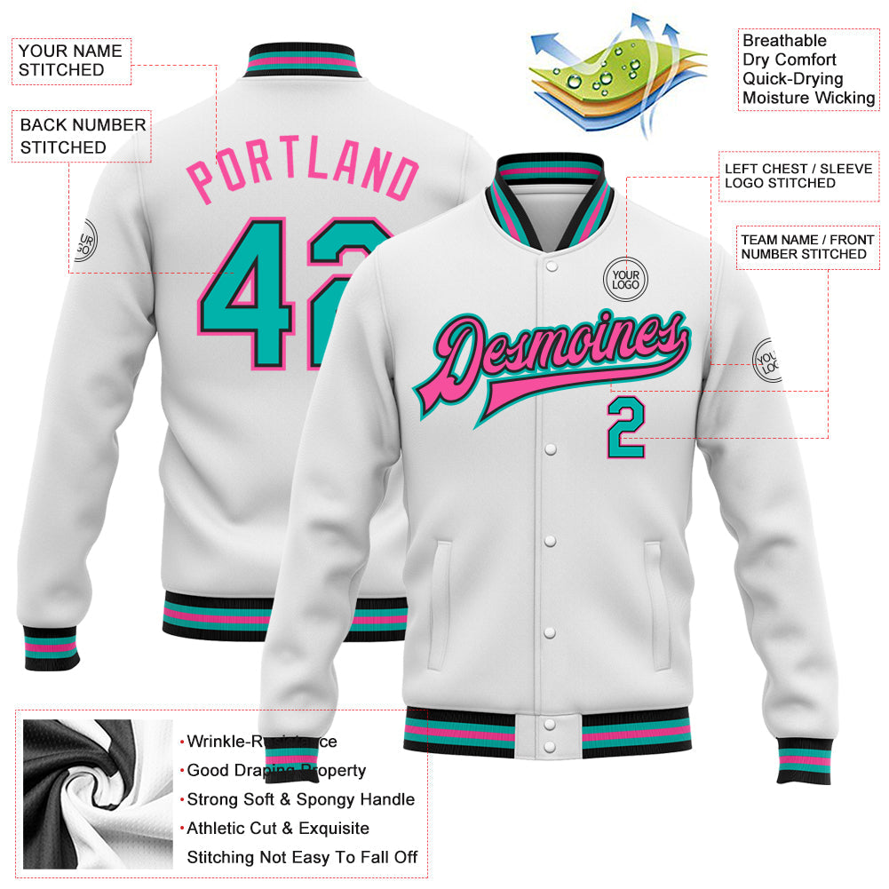 Custom White Aqua Black-Pink Bomber Full-Snap Varsity Letterman Jacket