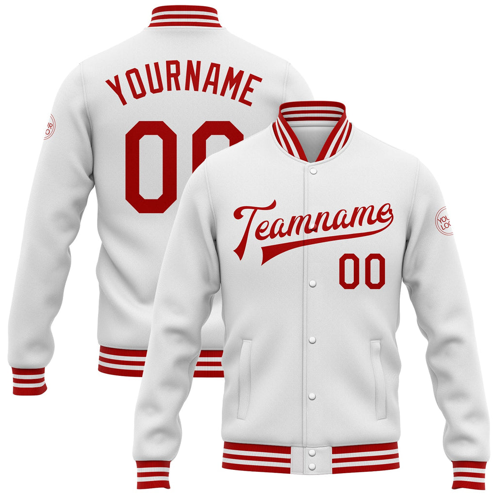 Custom White Red Bomber Full-Snap Varsity Letterman Jacket
