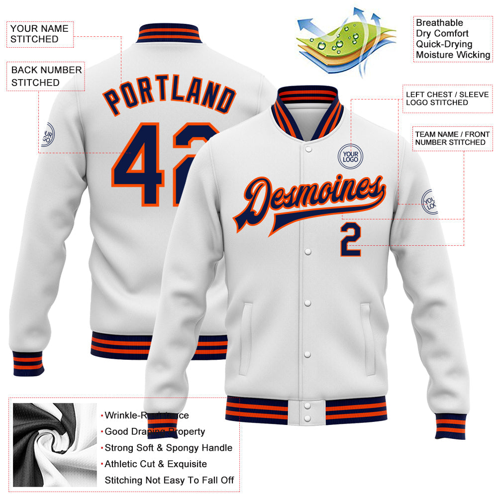 Custom White Navy-Orange Bomber Full-Snap Varsity Letterman Jacket