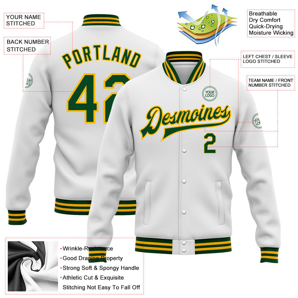 Custom White Green-Gold Bomber Full-Snap Varsity Letterman Jacket