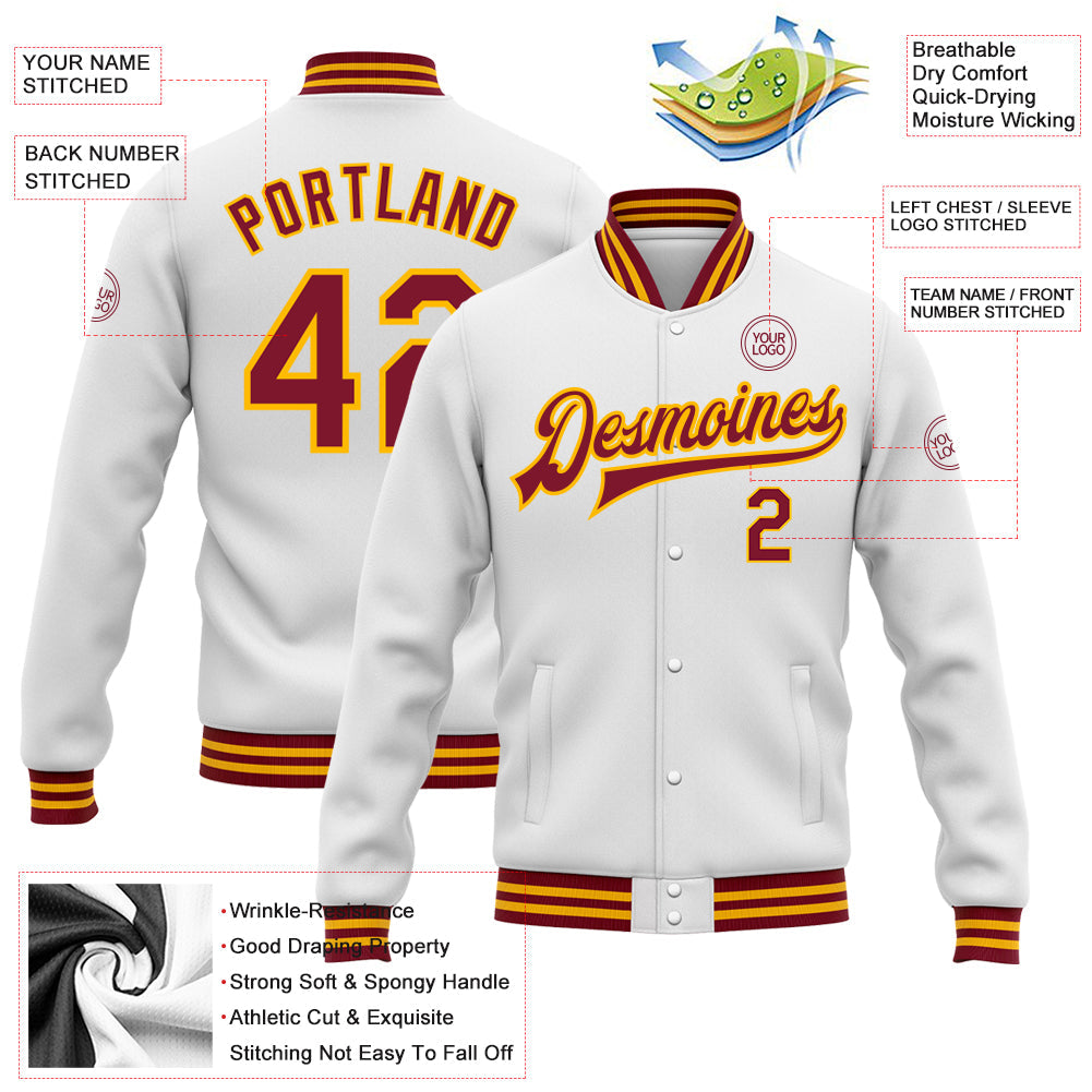 Custom White Crimson-Gold Bomber Full-Snap Varsity Letterman Jacket