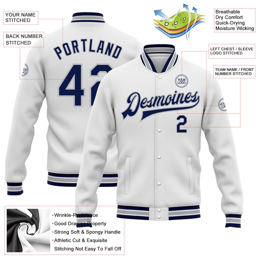 Custom White Navy-Gray Bomber Full-Snap Varsity Letterman Jacket