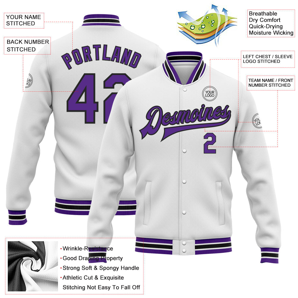 Custom White Purple-Black Bomber Full-Snap Varsity Letterman Jacket