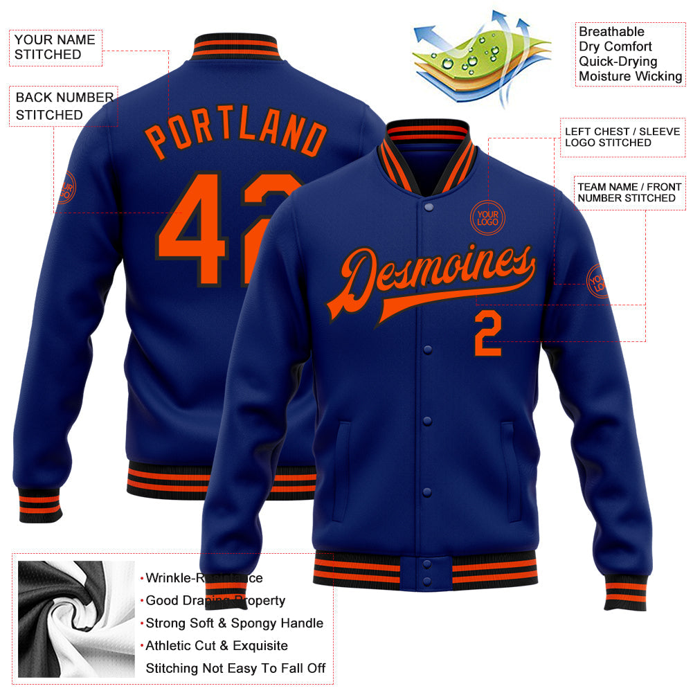 Custom Royal Orange-Black Bomber Full-Snap Varsity Letterman Jacket