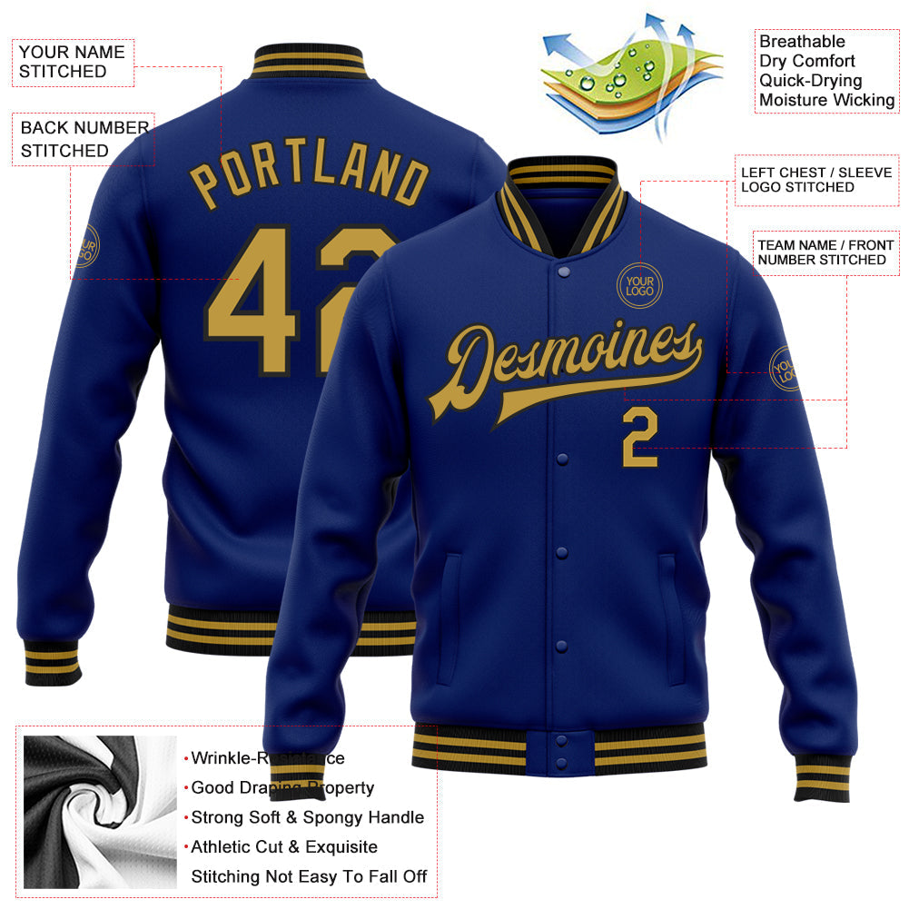 Custom Royal Old Gold-Black Bomber Full-Snap Varsity Letterman Jacket