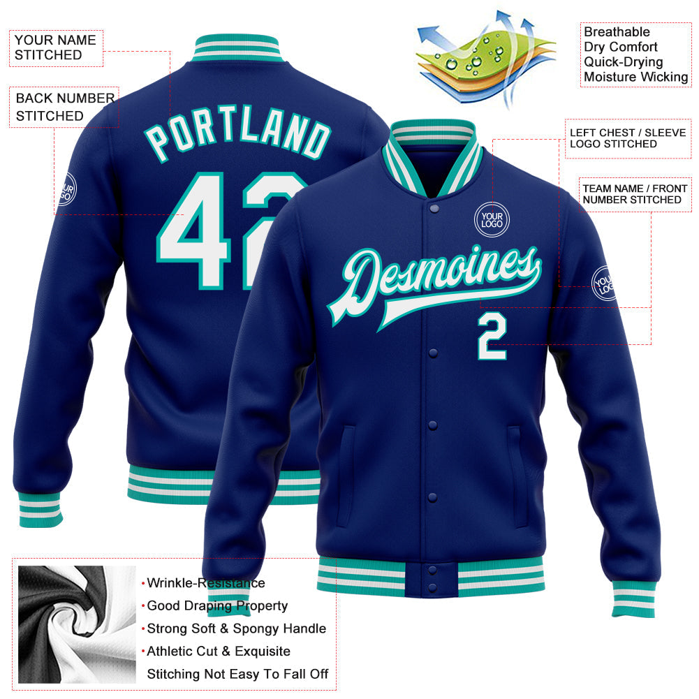 Custom Royal White-Aqua Bomber Full-Snap Varsity Letterman Jacket