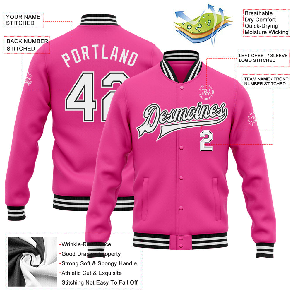 Custom Pink White-Black Bomber Full-Snap Varsity Letterman Jacket