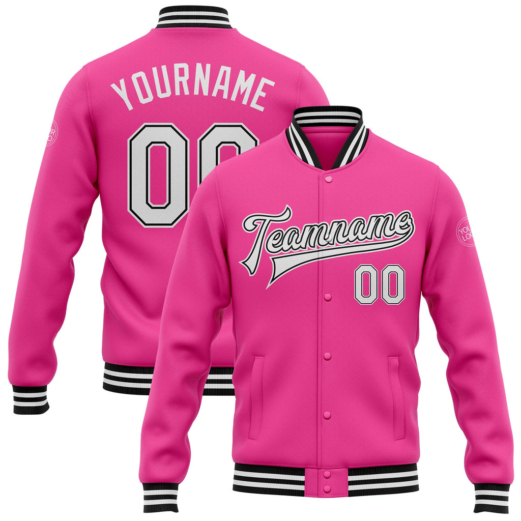 Custom Pink White-Black Bomber Full-Snap Varsity Letterman Jacket