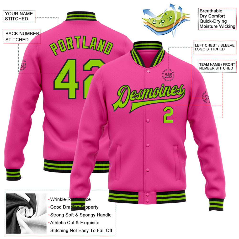 Custom Pink Neon Green-Black Bomber Full-Snap Varsity Letterman Jacket
