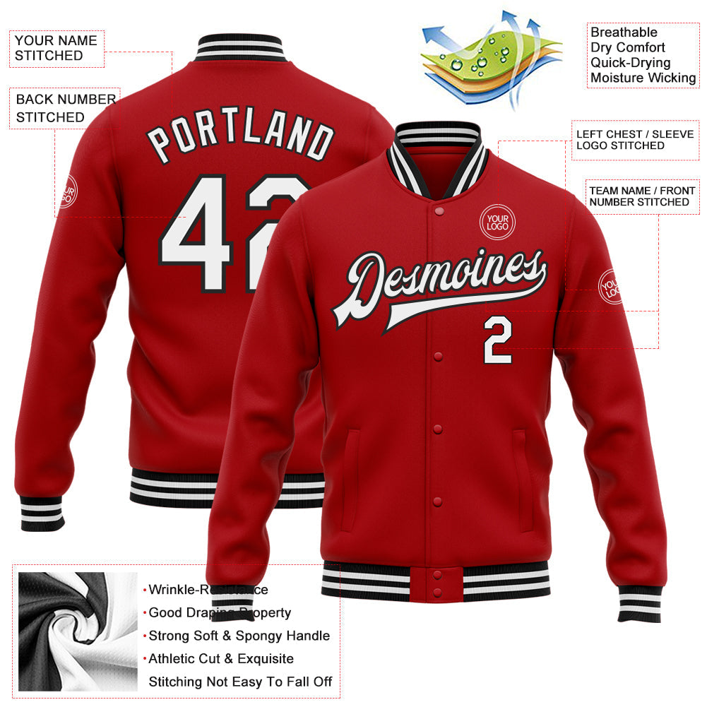 Custom Red White-Black Bomber Full-Snap Varsity Letterman Jacket