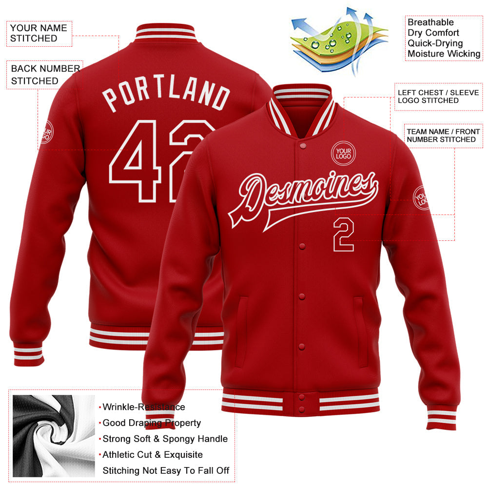 Custom Red White Bomber Full-Snap Varsity Letterman Jacket