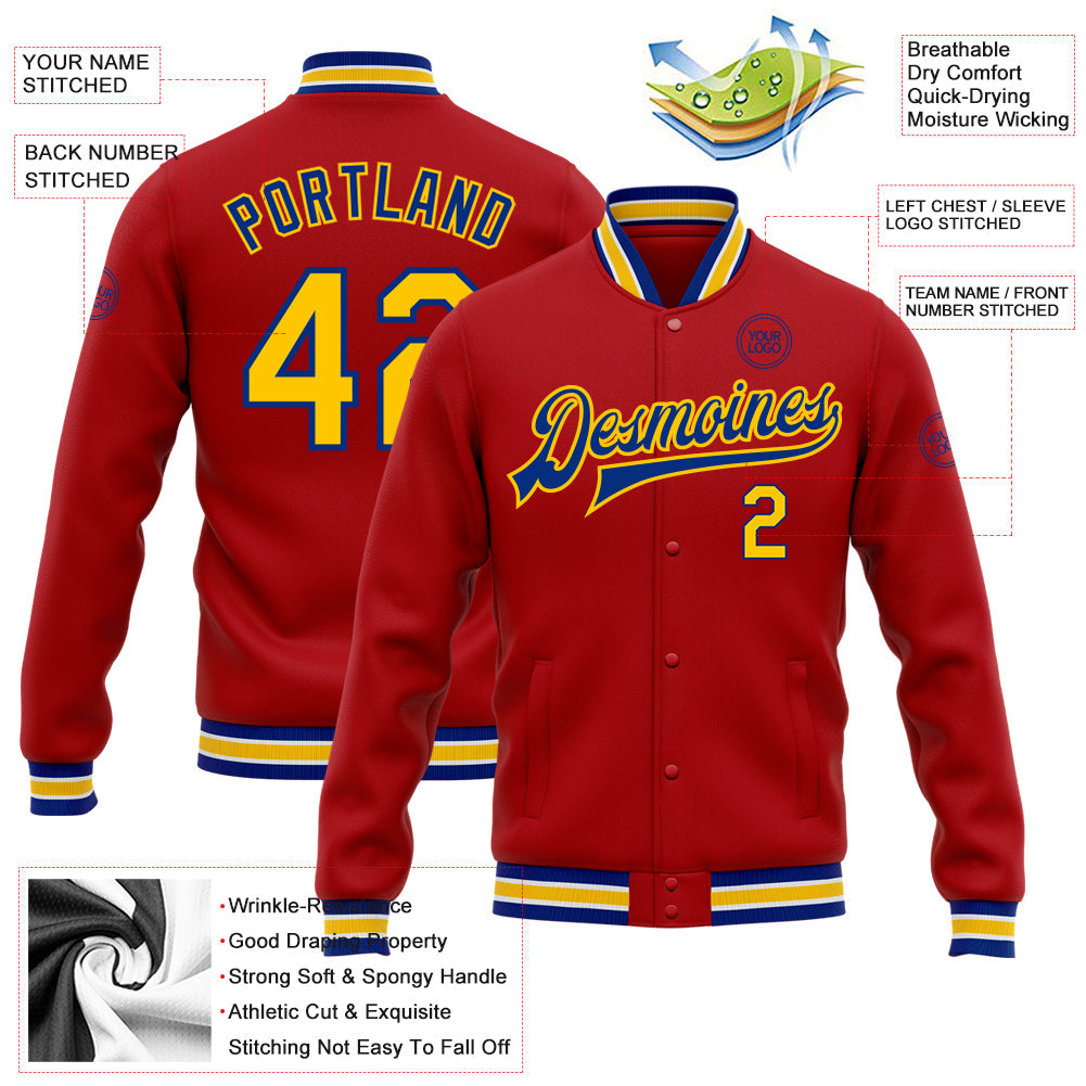 Custom Red Yellow-Royal Bomber Full-Snap Varsity Letterman Jacket