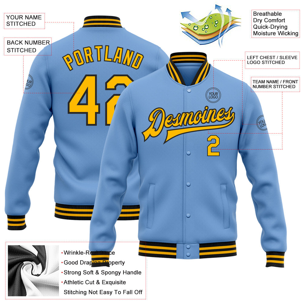 Custom Light Blue Gold-Black Bomber Full-Snap Varsity Letterman Jacket