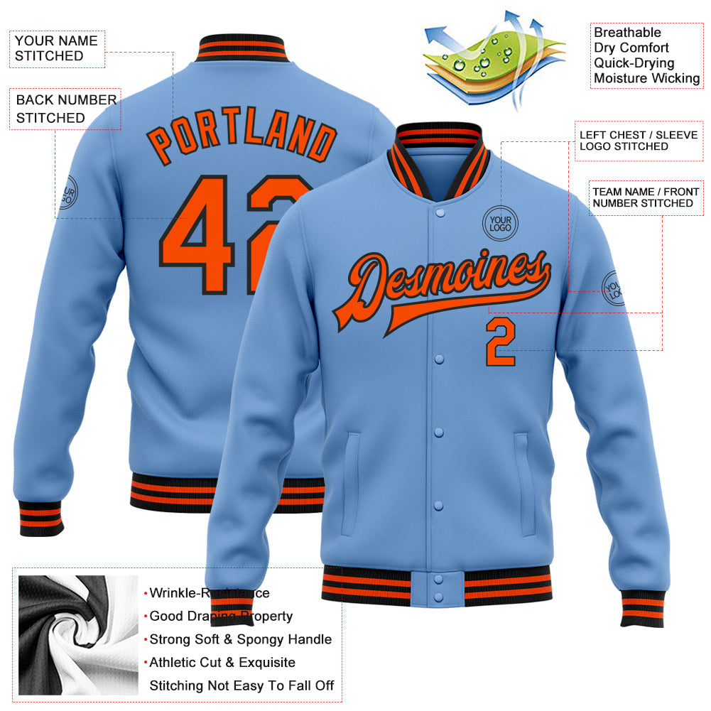 Custom Light Blue Orange-Black Bomber Full-Snap Varsity Letterman Jacket