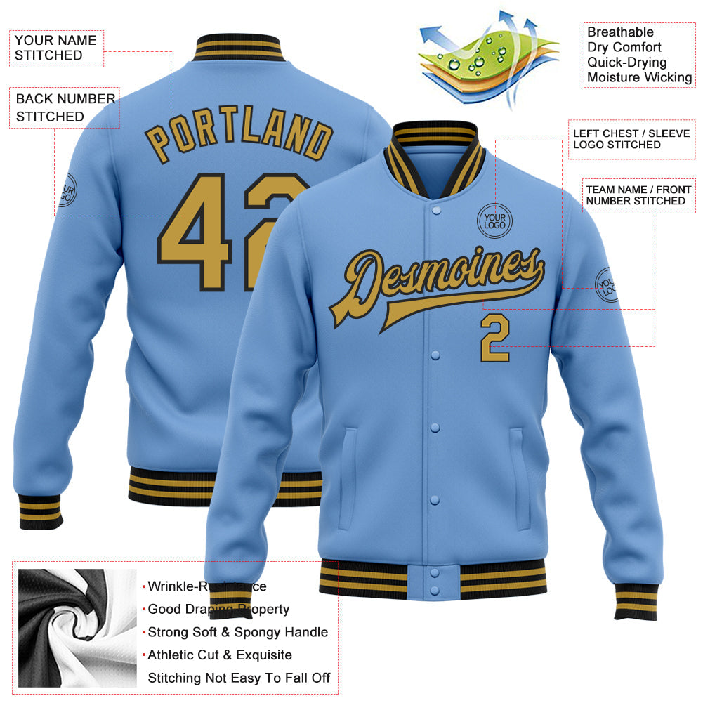 Custom Light Blue Old Gold-Black Bomber Full-Snap Varsity Letterman Jacket