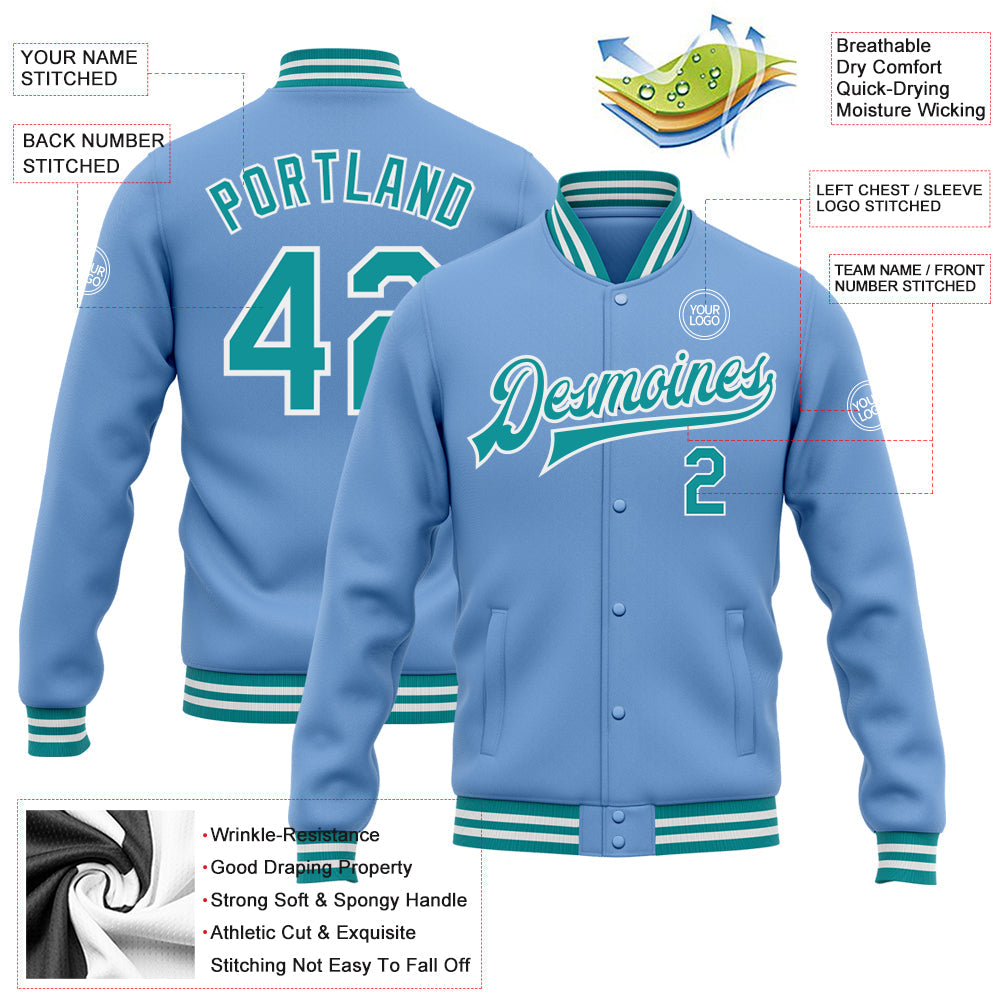 Custom Light Blue Teal-White Bomber Full-Snap Varsity Letterman Jacket