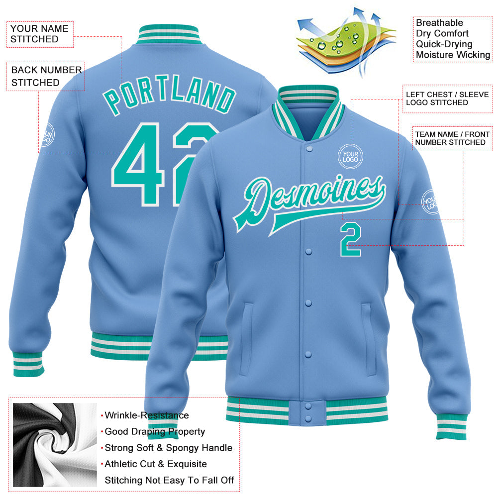 Custom Light Blue Aqua-White Bomber Full-Snap Varsity Letterman Jacket