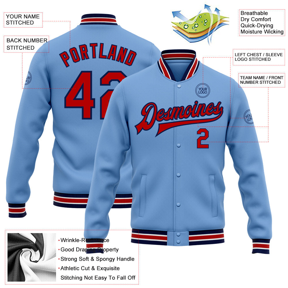 Custom Light Blue Red-Navy Bomber Full-Snap Varsity Letterman Jacket