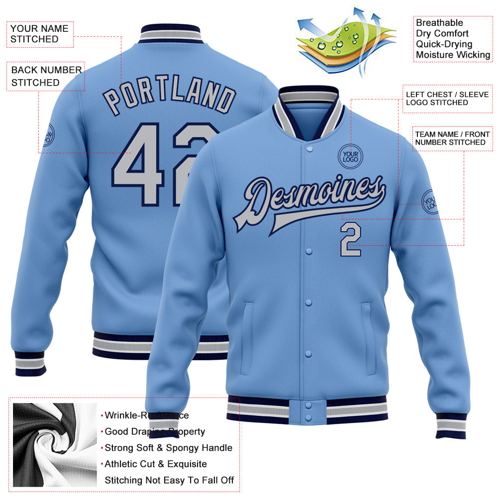 Custom Light Blue Gray-Navy Bomber Full-Snap Varsity Letterman Jacket