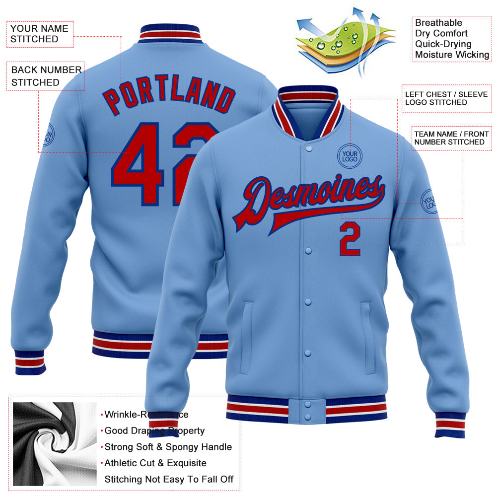 Custom Light Blue Red-Royal Bomber Full-Snap Varsity Letterman Jacket