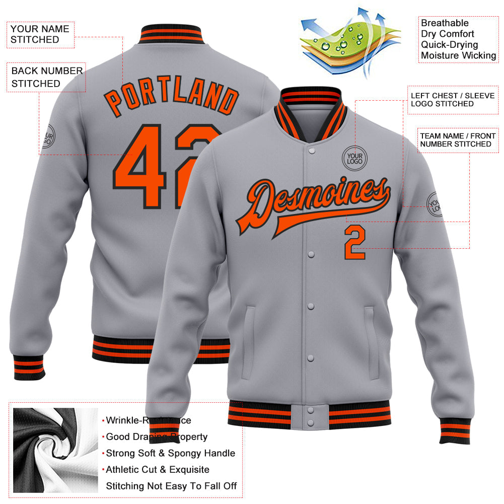 Custom Gray Orange-Black Bomber Full-Snap Varsity Letterman Jacket