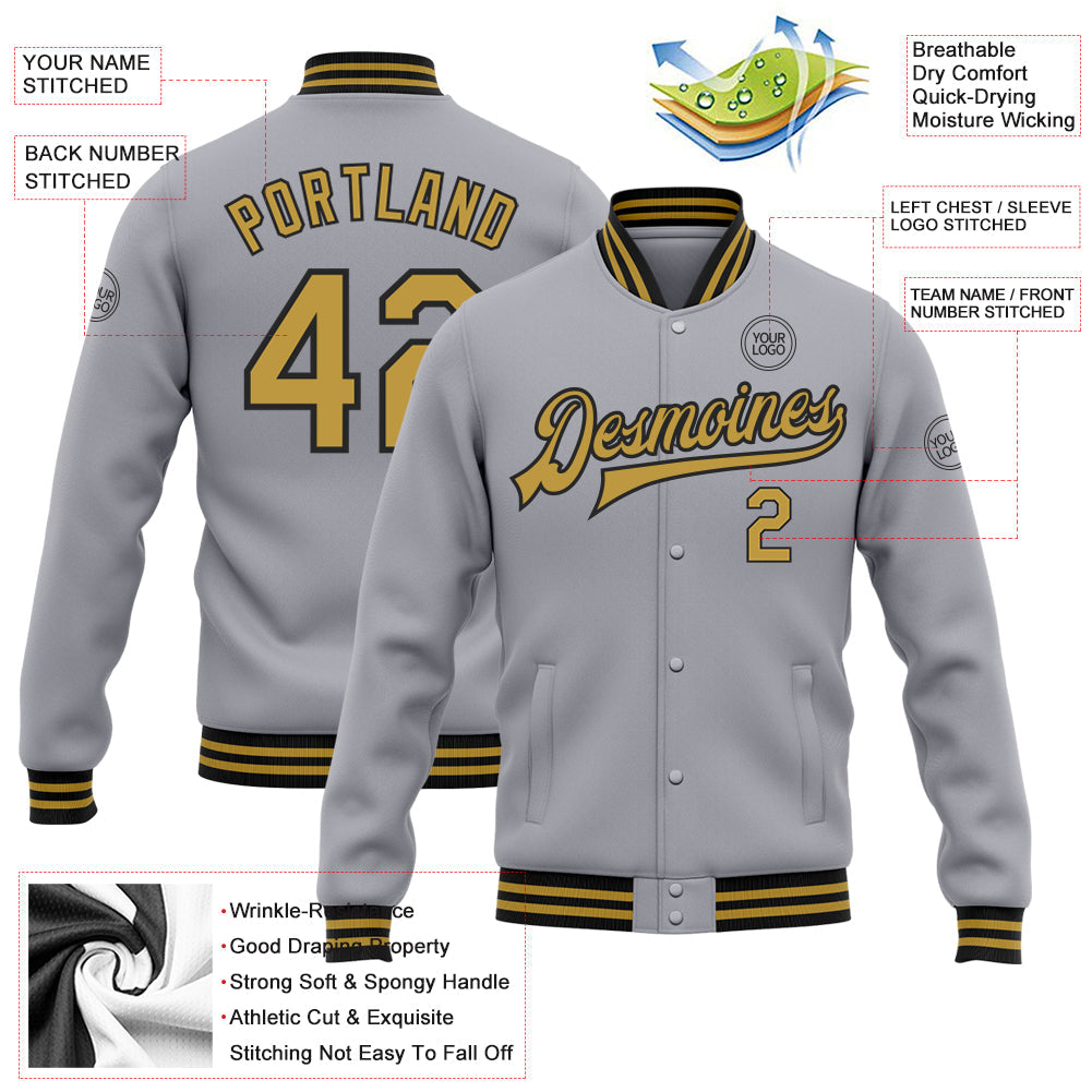 Custom Gray Old Gold-Black Bomber Full-Snap Varsity Letterman Jacket