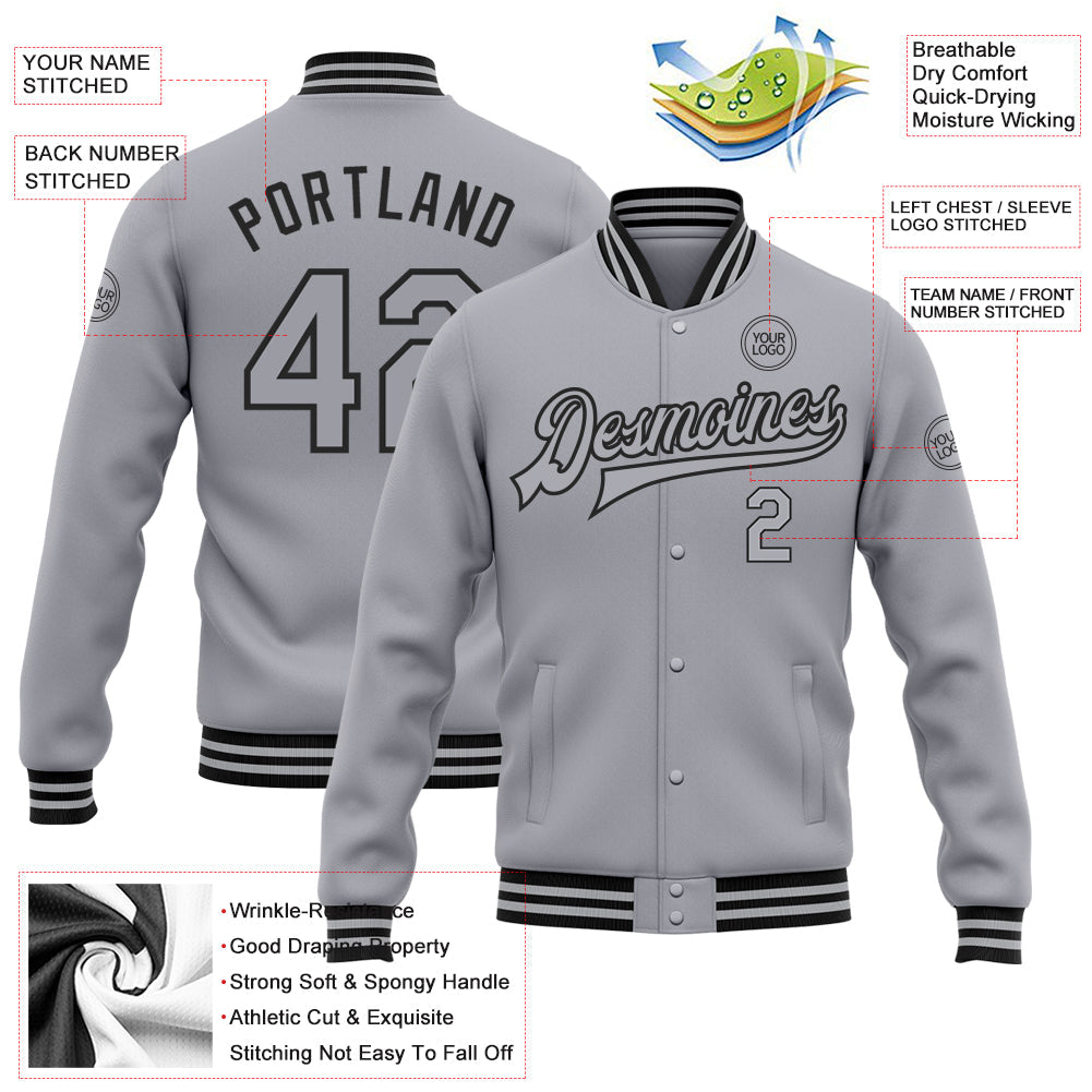 Custom Gray Black Bomber Full-Snap Varsity Letterman Jacket