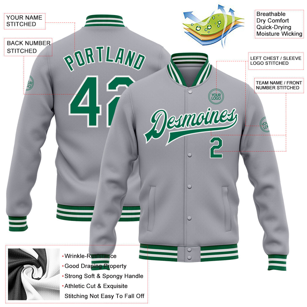 Custom Gray Kelly Green-White Bomber Full-Snap Varsity Letterman Jacket