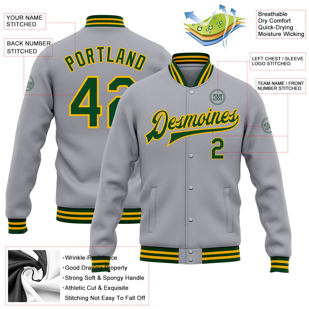 Custom Gray Green-Gold Bomber Full-Snap Varsity Letterman Jacket