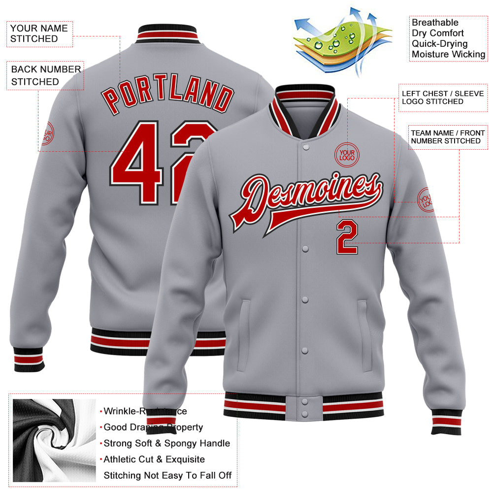 Custom Gray Red-Black Bomber Full-Snap Varsity Letterman Jacket