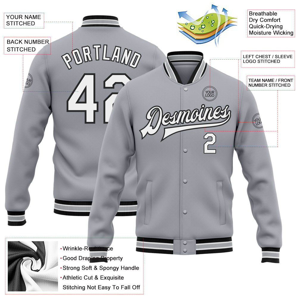 Custom Gray White-Black Bomber Full-Snap Varsity Letterman Jacket