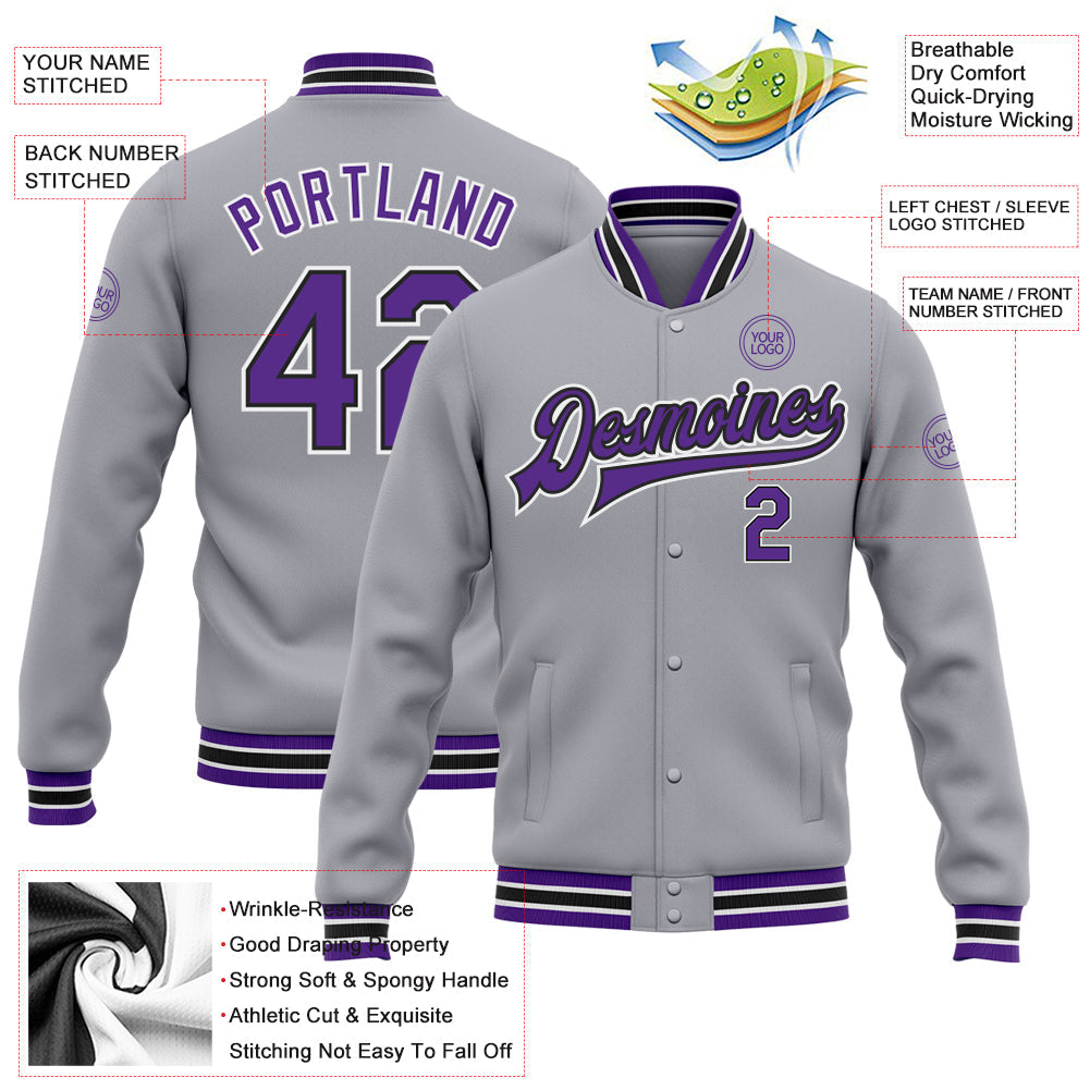 Custom Gray Purple-Black Bomber Full-Snap Varsity Letterman Jacket