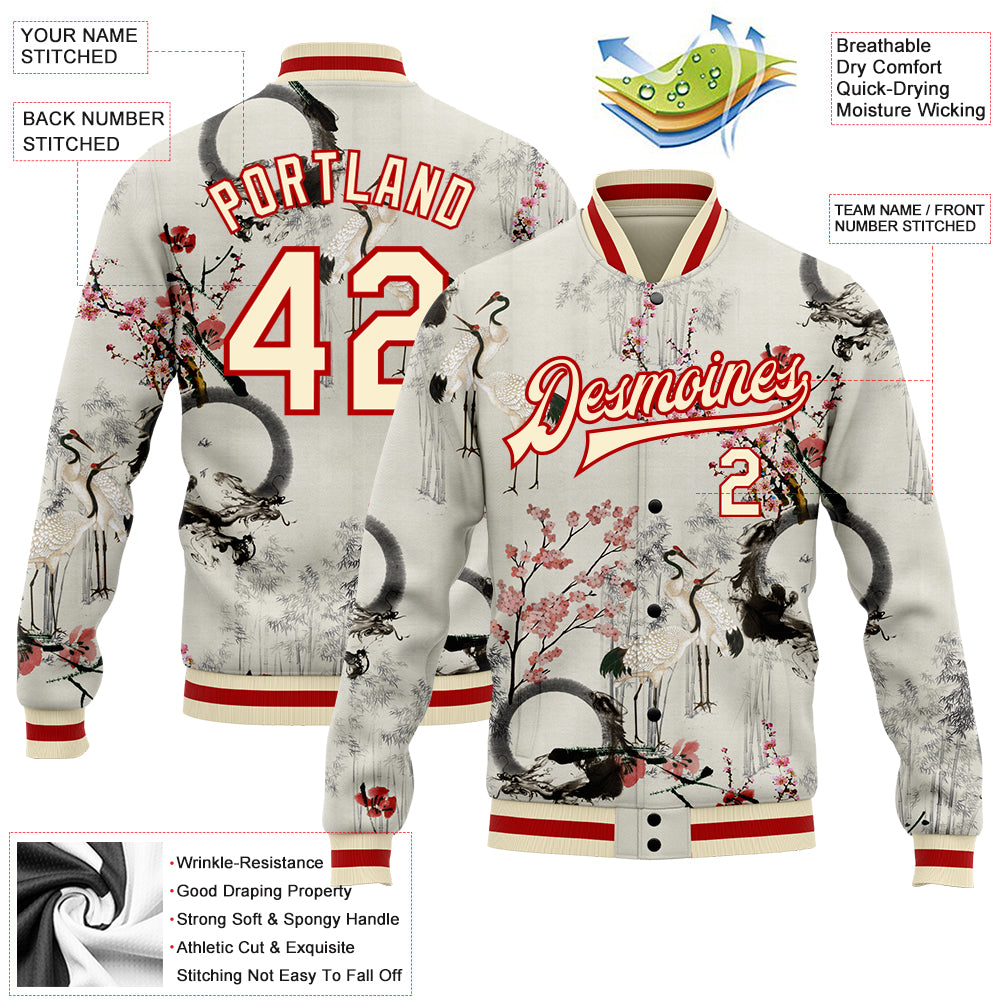 Custom Cream Red Heron And Flower 3D Pattern Design Bomber Full-Snap Varsity Letterman Jacket