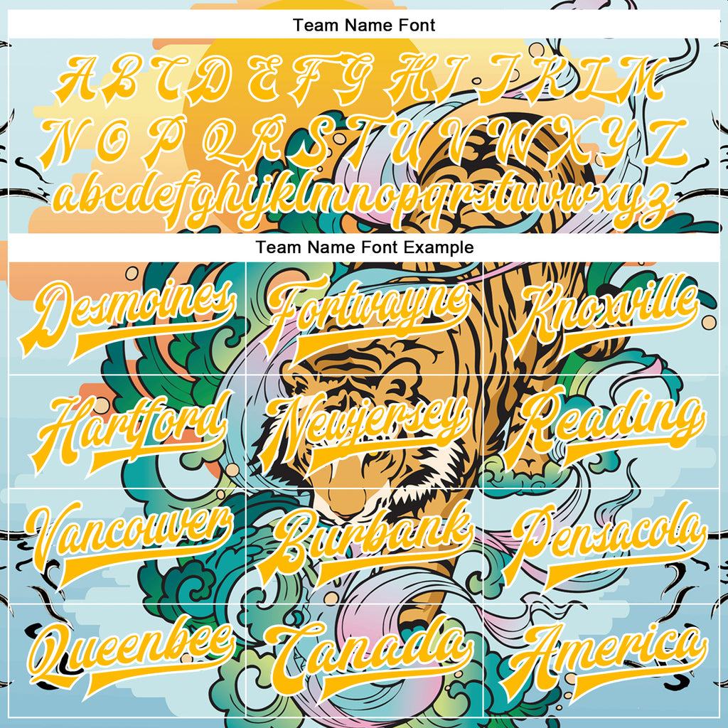 Custom Lakes Blue Gold-White Tiger 3D Pattern Design Bomber Full-Snap Varsity Letterman Jacket