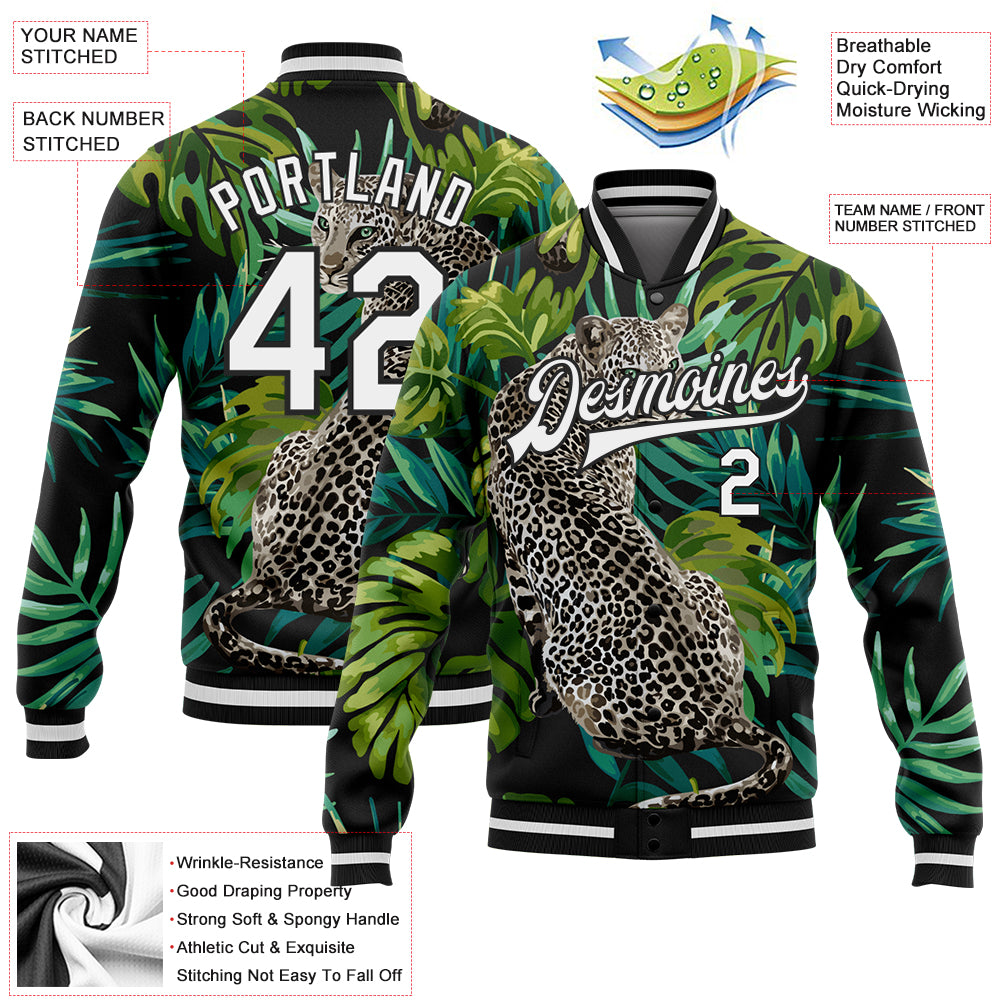 Custom Black White Leopard And Tropical Palm Plants 3D Bomber Full-Snap Varsity Letterman Jacket