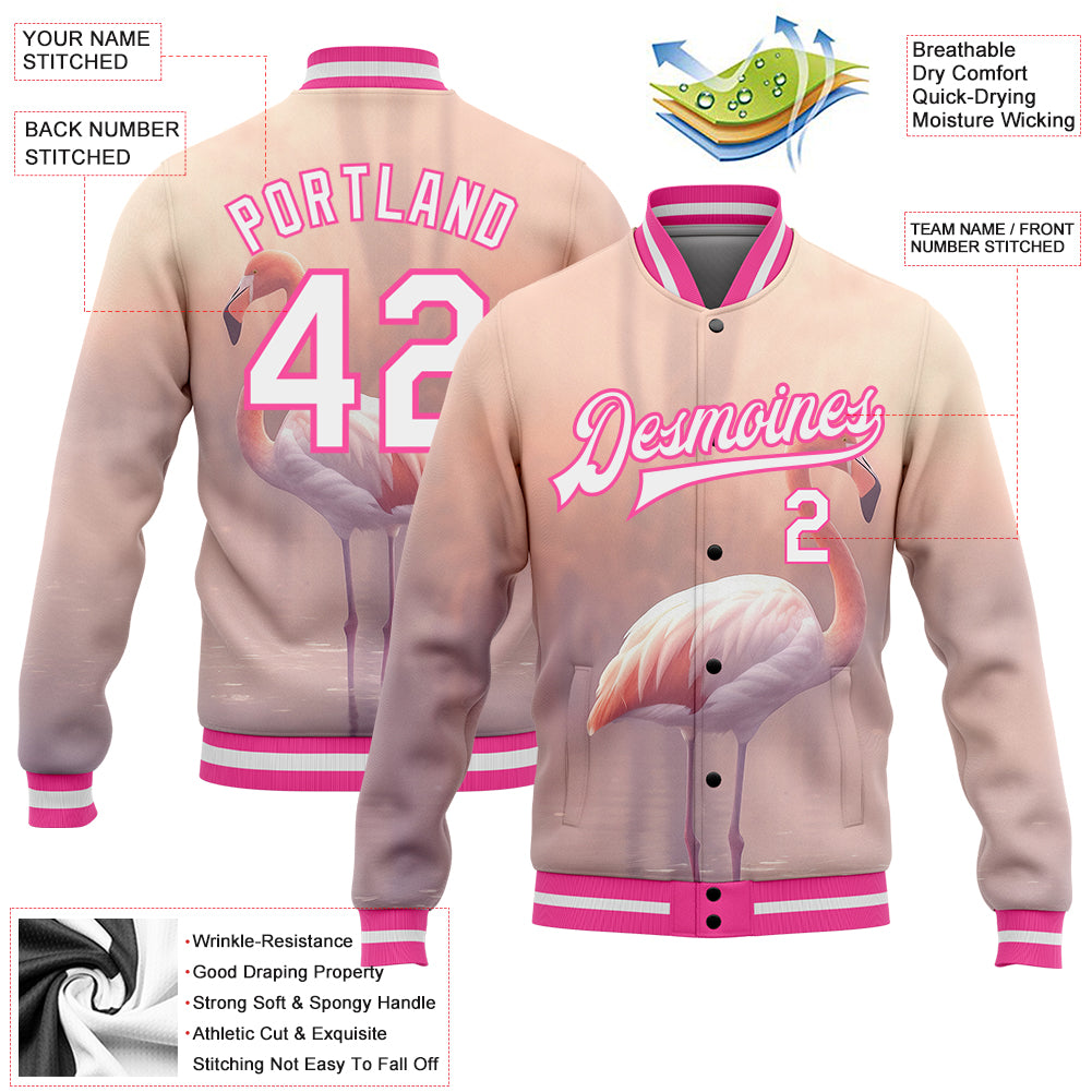 Custom Medium Pink White-Pink Flamingo 3D Pattern Design Bomber Full-Snap Varsity Letterman Jacket