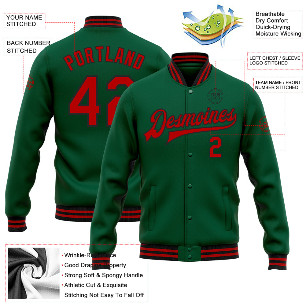 Custom Kelly Green Red-Black Bomber Full-Snap Varsity Letterman Jacket