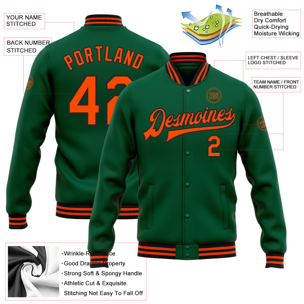 Custom Kelly Green Orange-Black Bomber Full-Snap Varsity Letterman Jacket