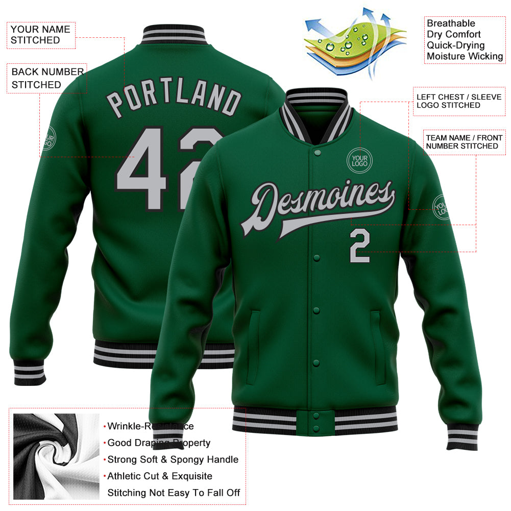 Custom Kelly Green Gray-Black Bomber Full-Snap Varsity Letterman Jacket