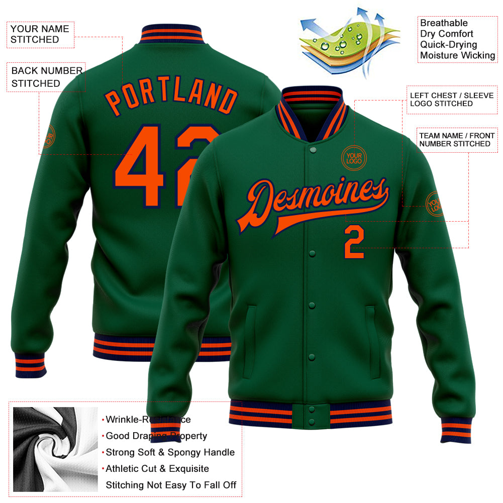 Custom Kelly Green Orange-Navy Bomber Full-Snap Varsity Letterman Jacket