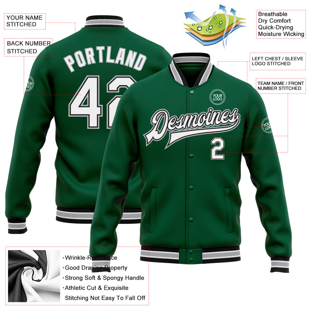 Custom Kelly Green White Black-Gray Bomber Full-Snap Varsity Letterman Jacket