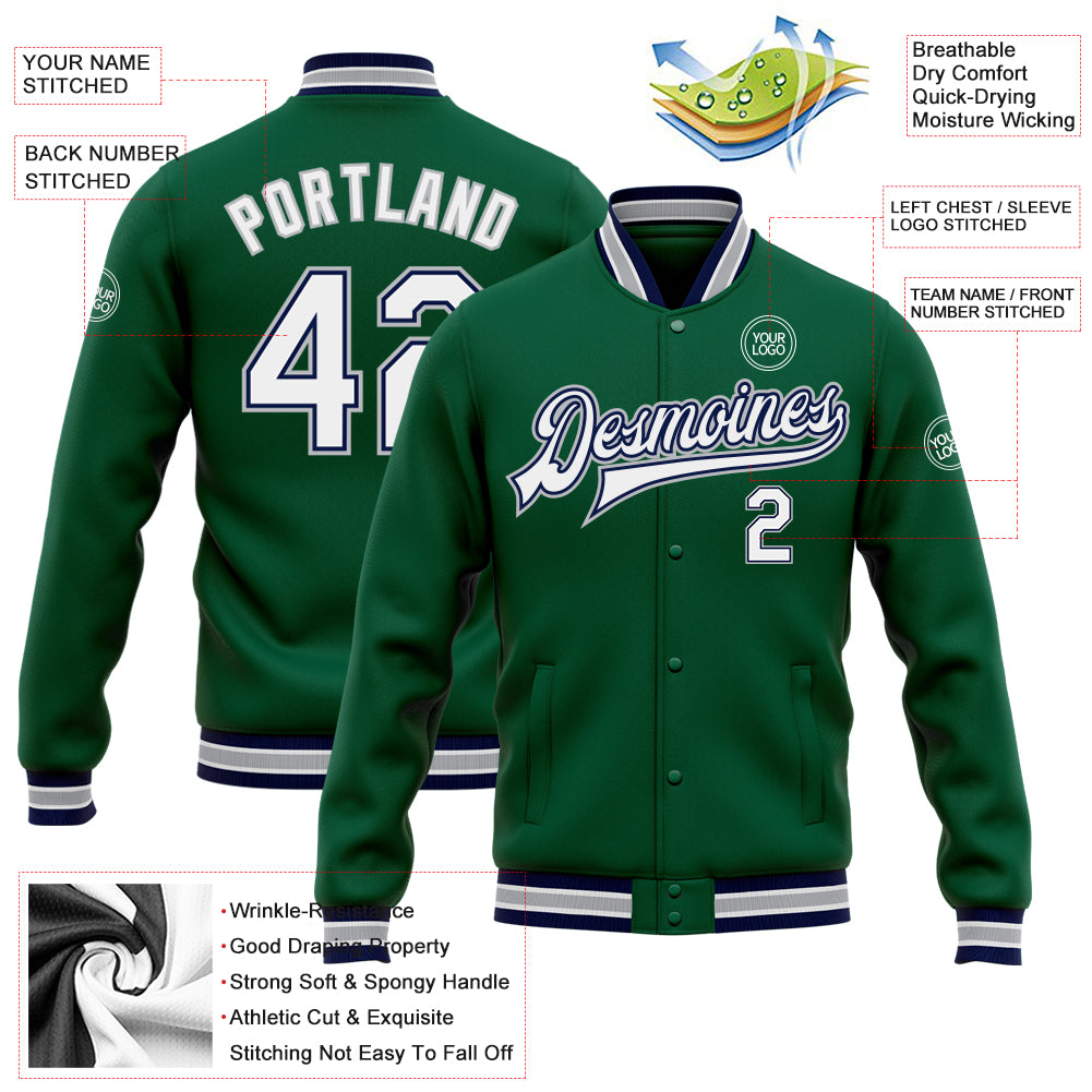 Custom Kelly Green White Navy-Gray Bomber Full-Snap Varsity Letterman Jacket