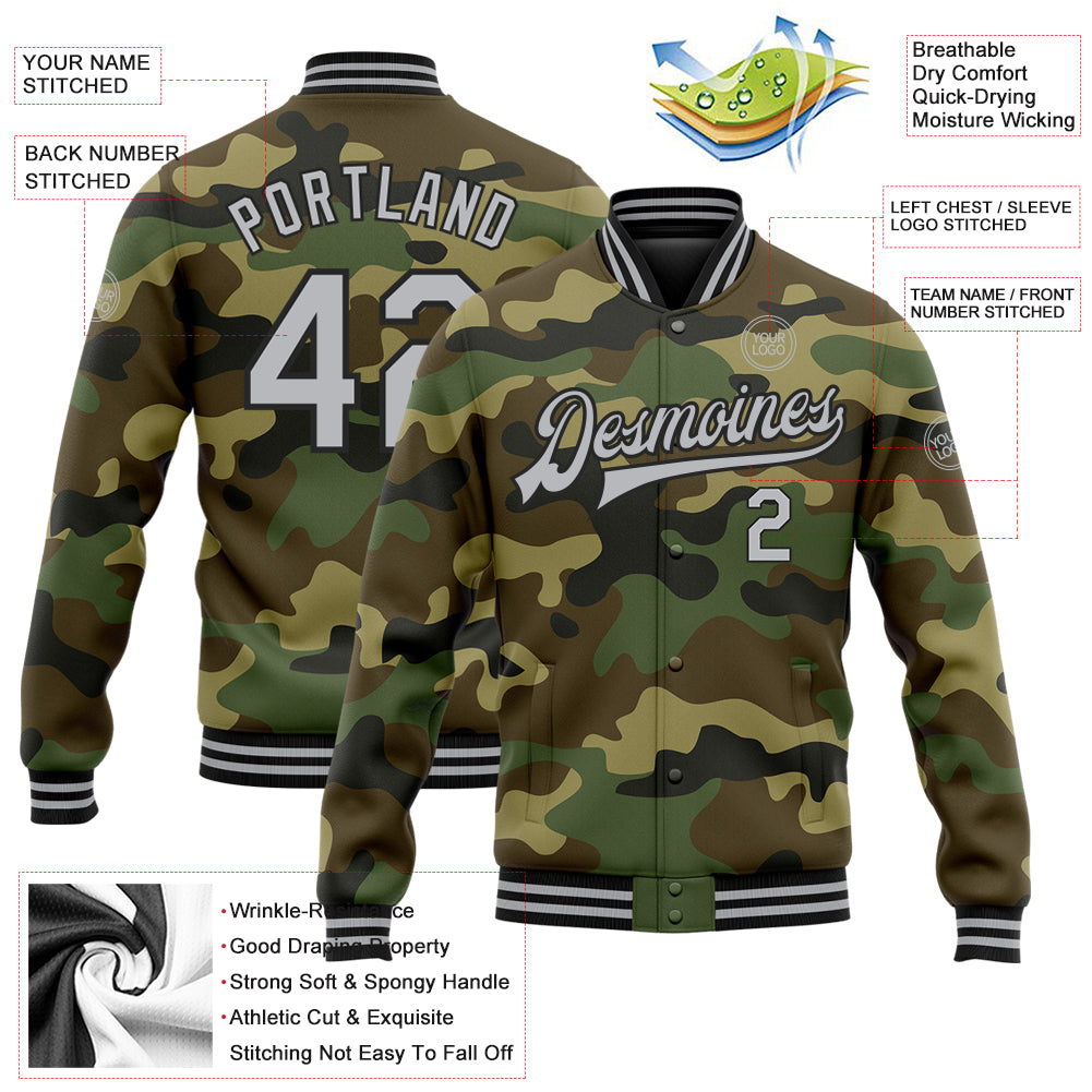 Custom Camo Gray-Black Bomber Full-Snap Varsity Letterman Salute To Service Jacket