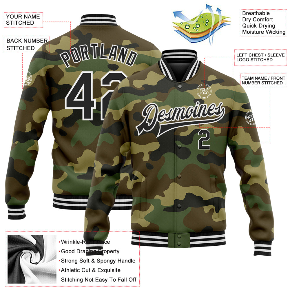 Custom Camo Black-White Bomber Full-Snap Varsity Letterman Salute To Service Jacket