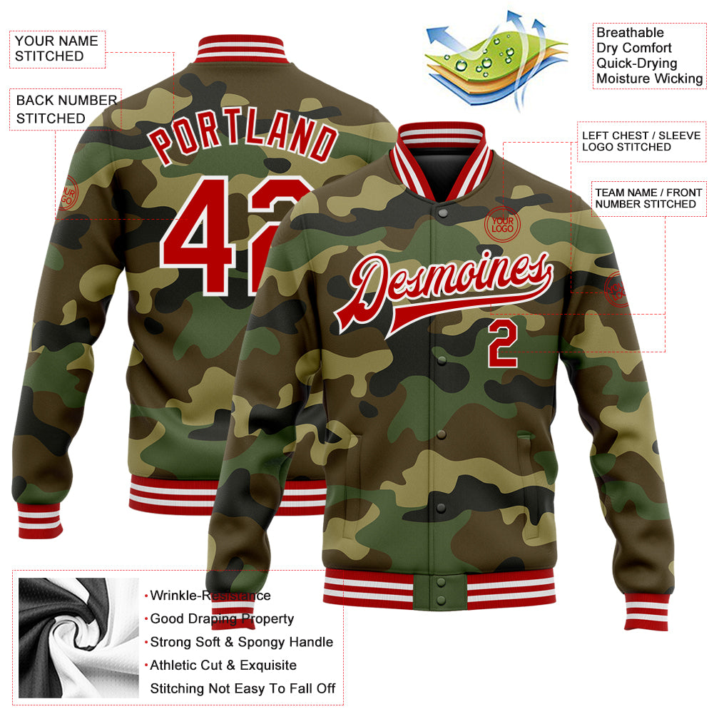 Custom Camo Red-White Bomber Full-Snap Varsity Letterman Salute To Service Jacket