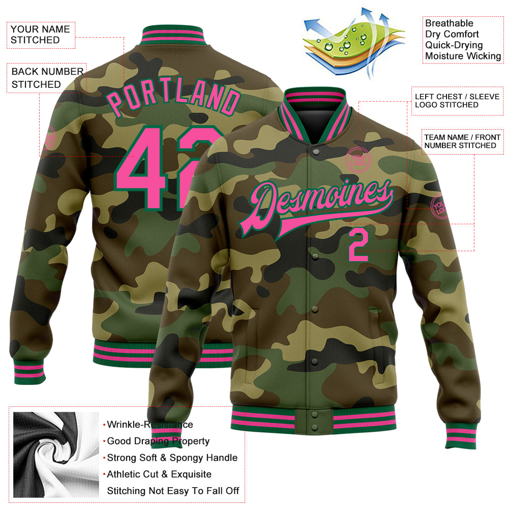 Custom Camo Pink-Kelly Green Bomber Full-Snap Varsity Letterman Salute To Service Jacket