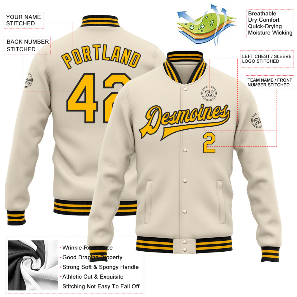 Custom Cream Gold-Black Bomber Full-Snap Varsity Letterman Jacket