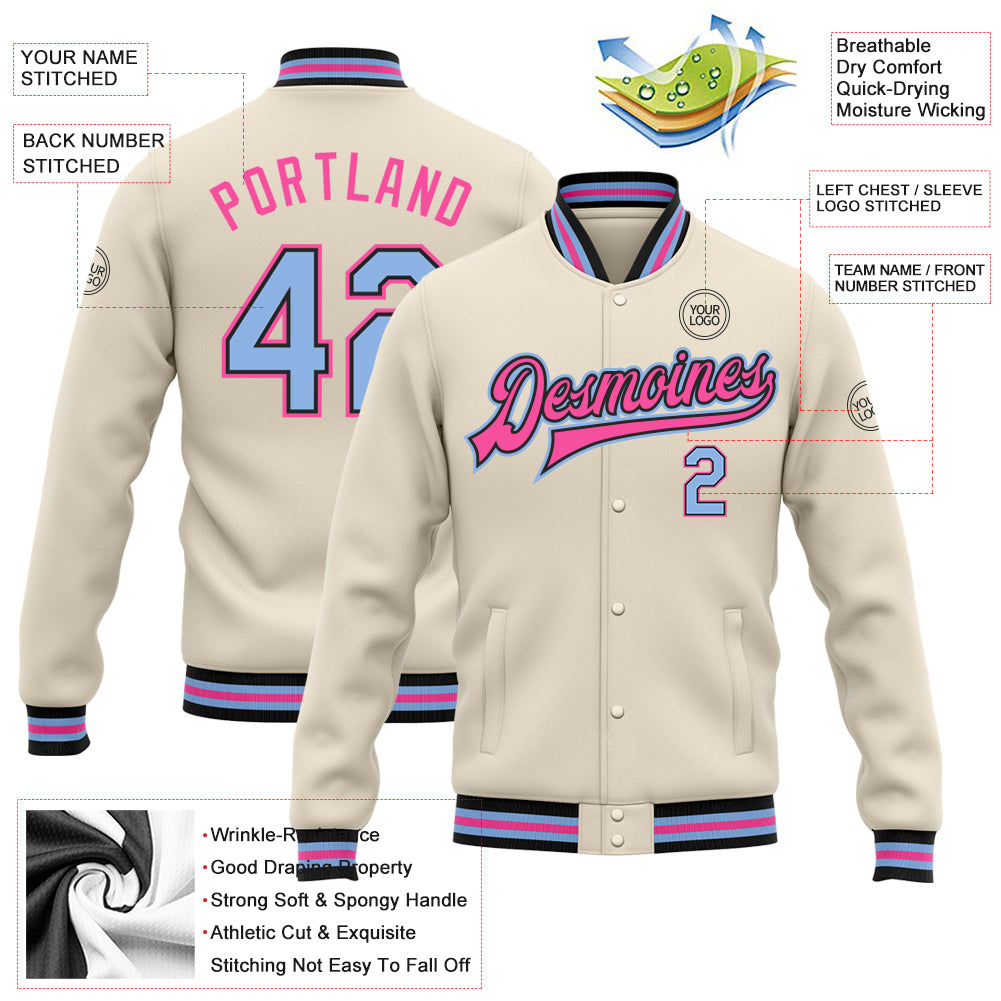 Custom Cream Light Blue Black-Pink Bomber Full-Snap Varsity Letterman Jacket