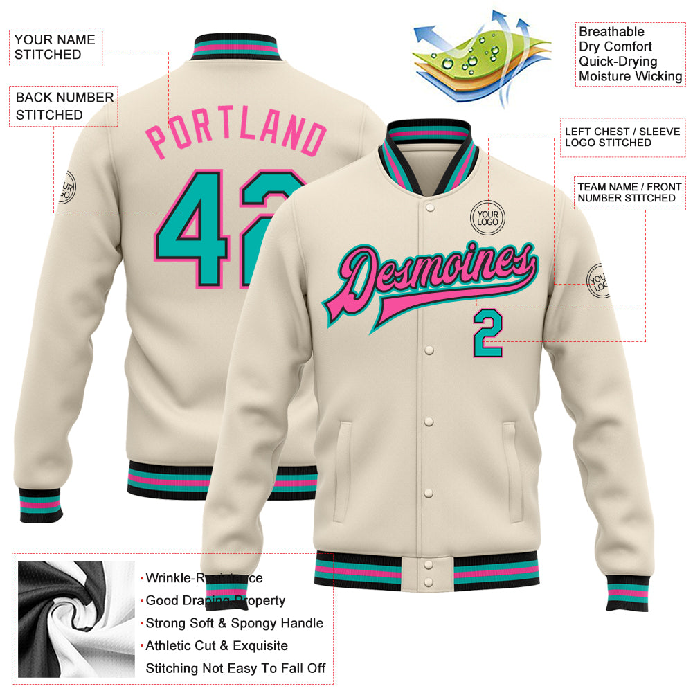 Custom Cream Aqua Black-Pink Bomber Full-Snap Varsity Letterman Jacket